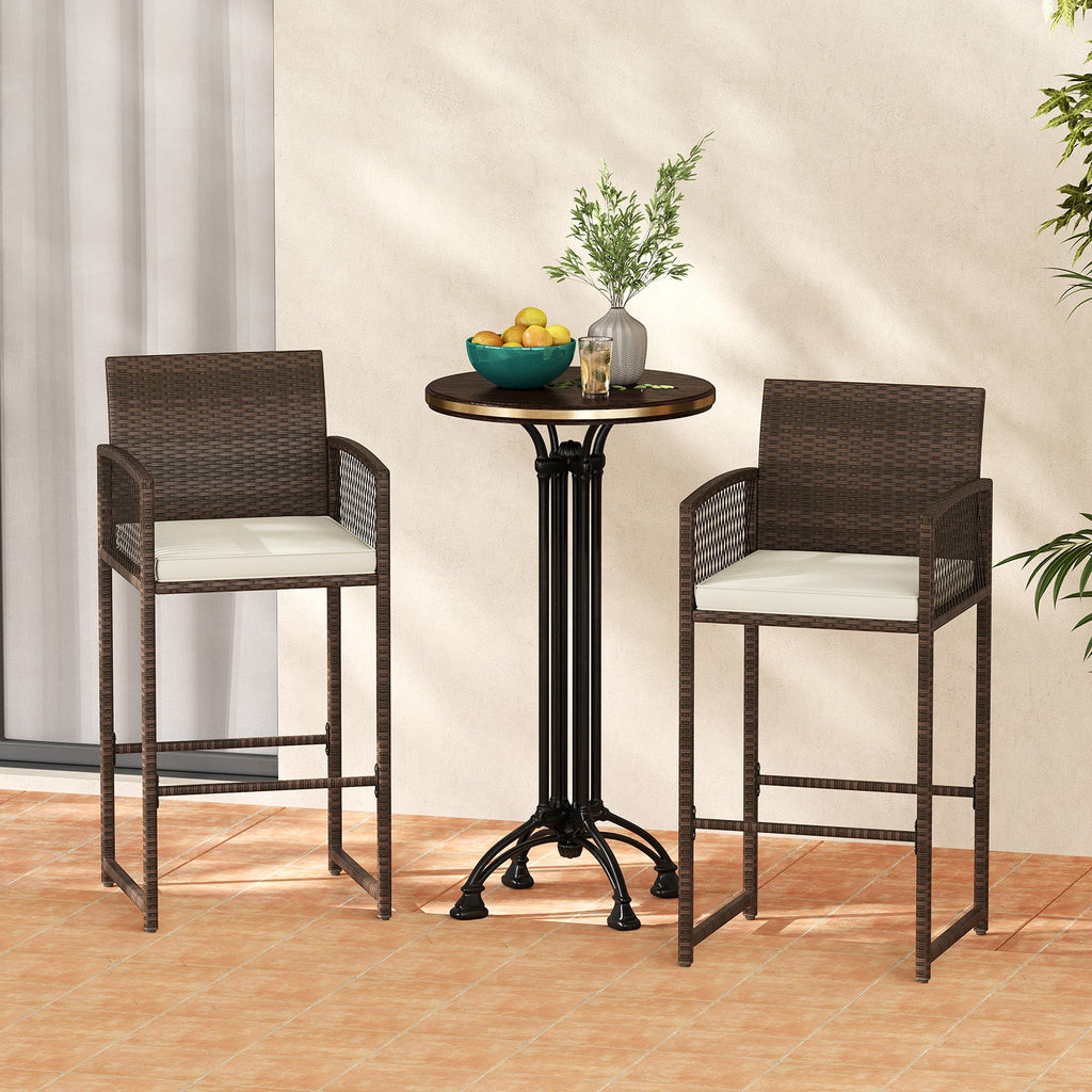Outdoor PE Wicker Bar Stools Set of 2 Patio Bar Height Chairs with Cushions-White